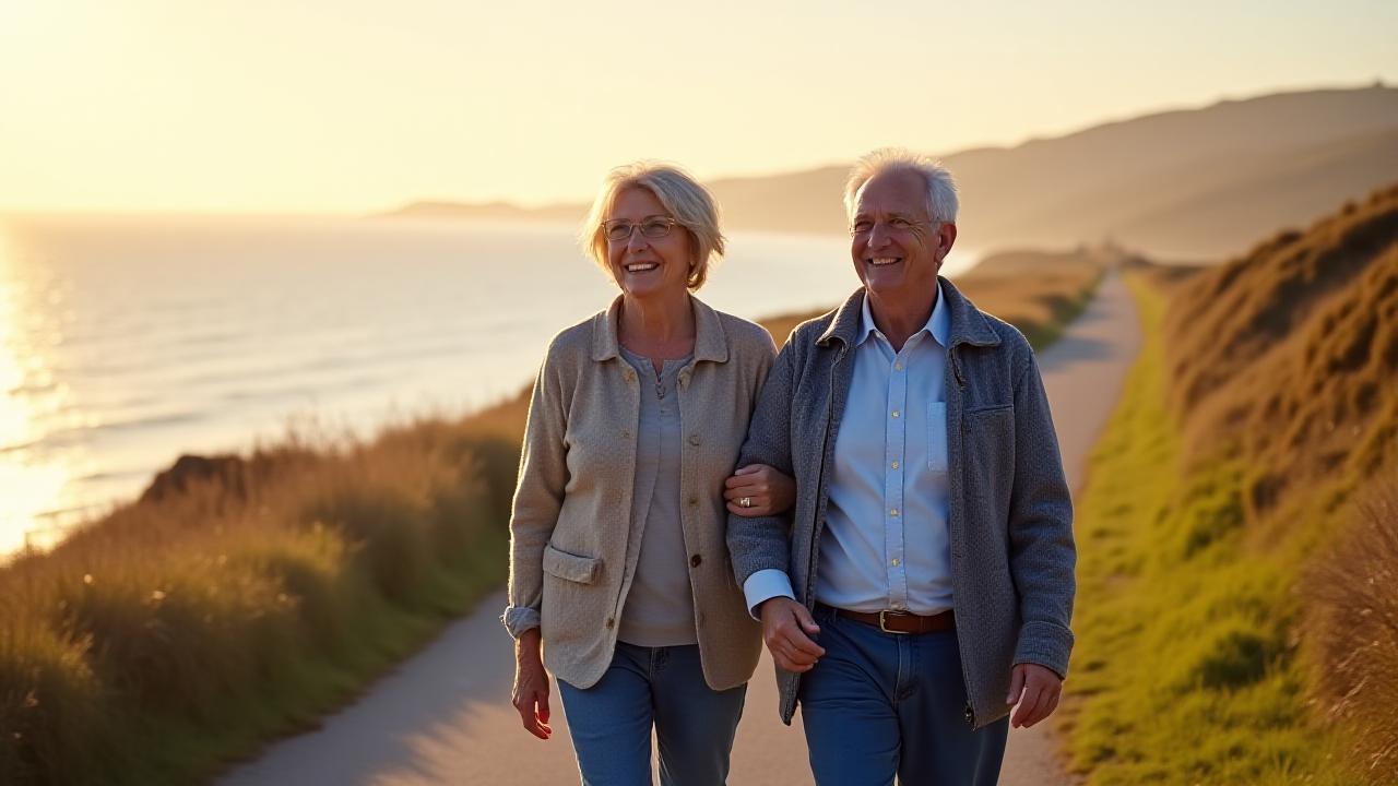 A happy couple enjoying a walk along the Dublin coastline, symbolizing a secure retirement.